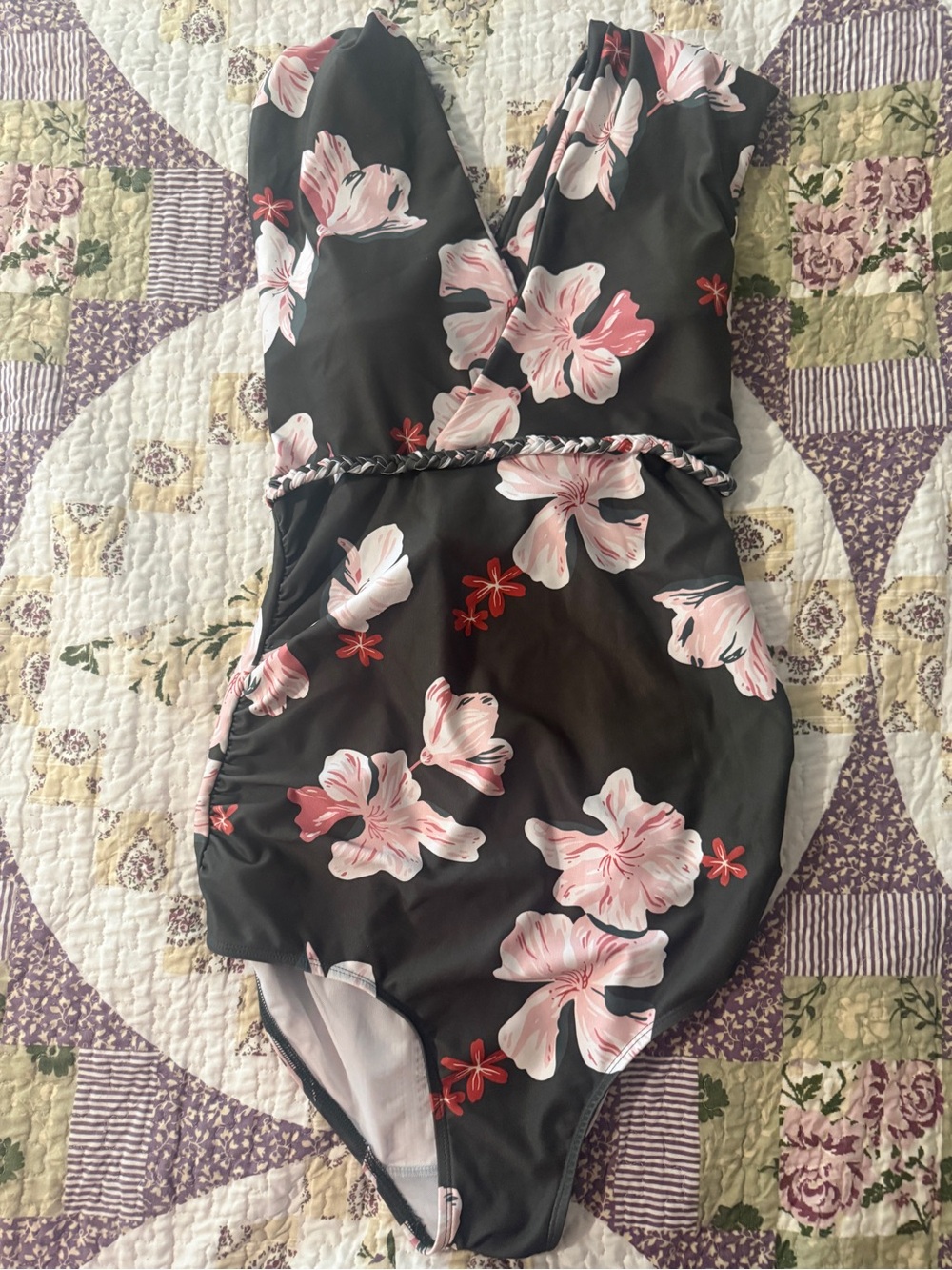 Green Floral One-Piece Swimsuit with Pink Blossoms